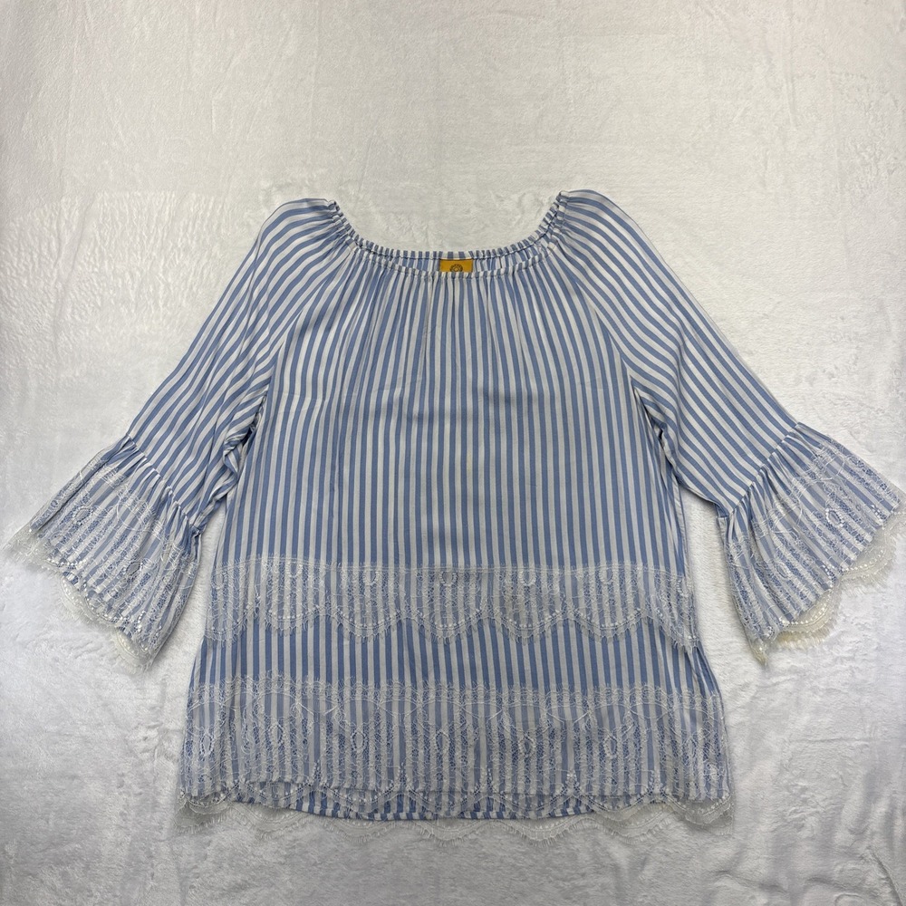 Ruby Rd. Blouse Women's Large Blue/White Striped Lace Accents 3/4 Sleeve